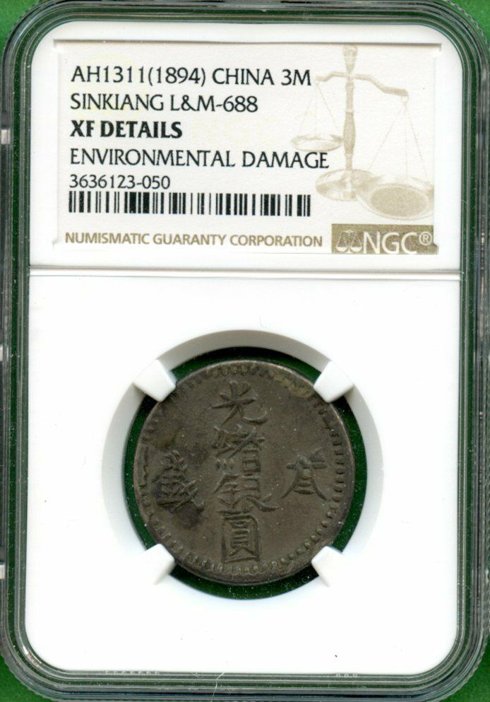 SINKIANG   CHINA  1894  3 MACE  NGC  X F DETAILS  LM 688   SILVER