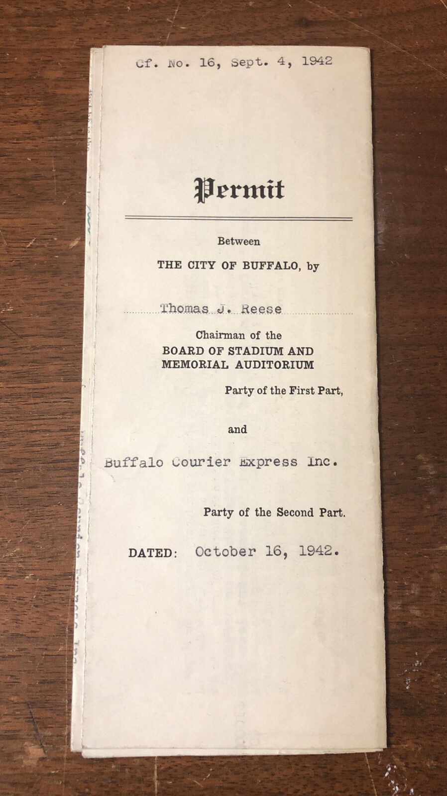 1942 World War II Benefit Christmas Party Original Permit Buffalo Memorial AUD