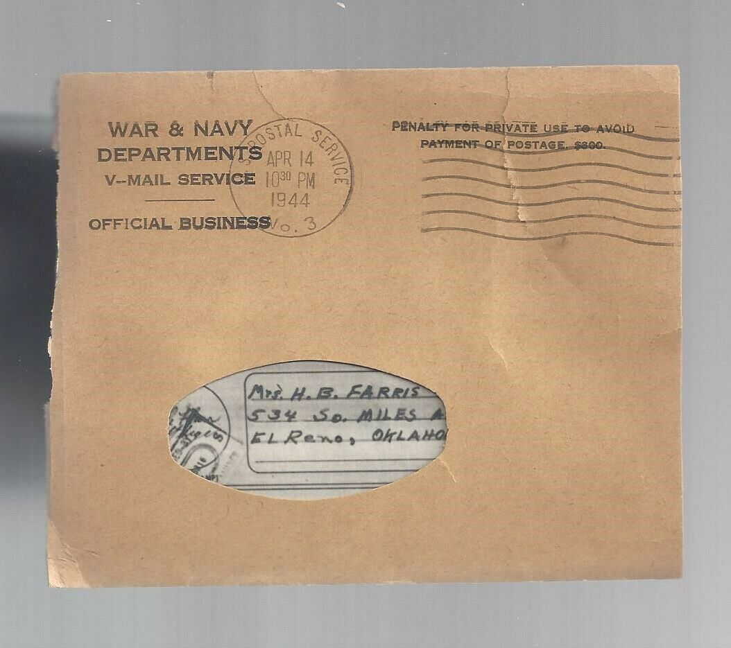 1944 Wwii Soldier's War & Navy Departments V- Mail Cover W/ Letter; To Okla