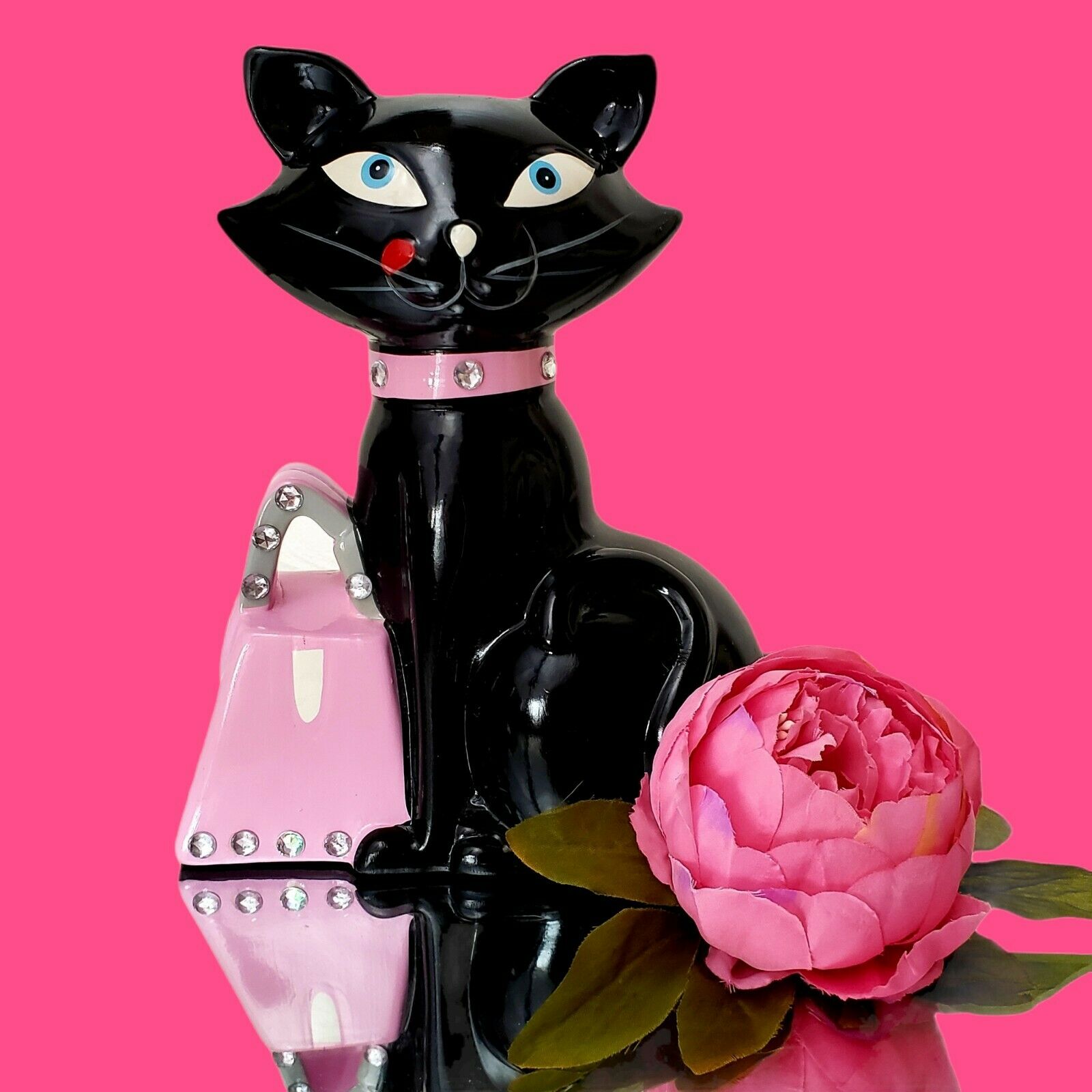 Vintage Black CAT Pink Jewel Collar Purse Kitty Bank Blue Eyes Rhinestones