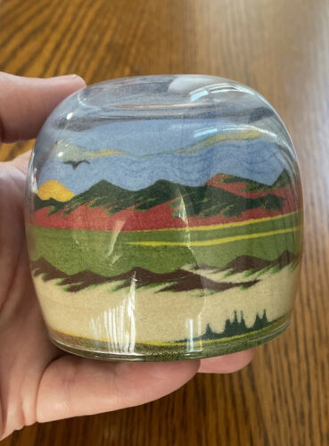 VTG Sand Art Small Glass Dome Bright Colors Landscape Bird Valley Mountains Sun
