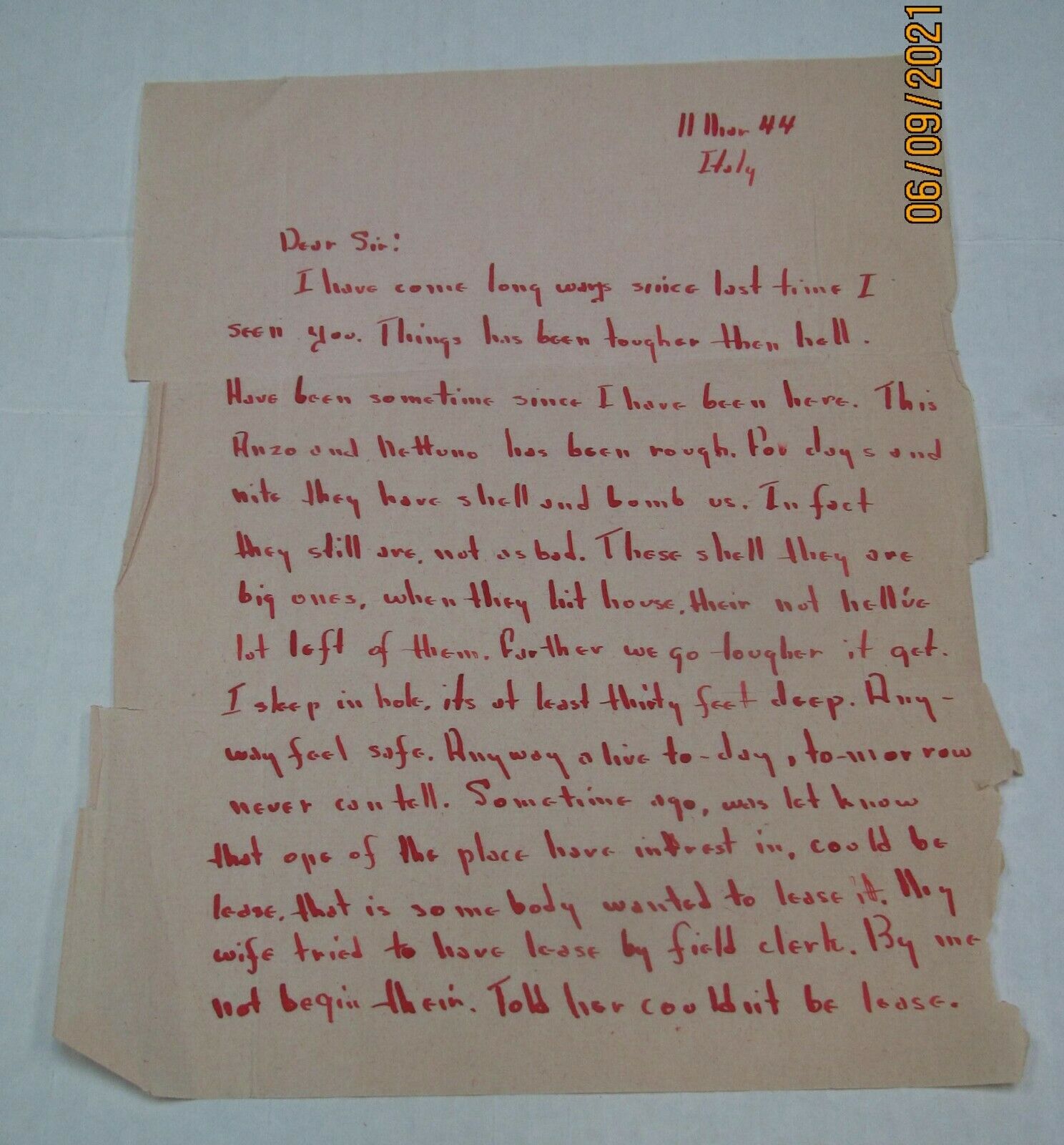 March 1944 Soldier's Letter Talks About The Anzio Battle