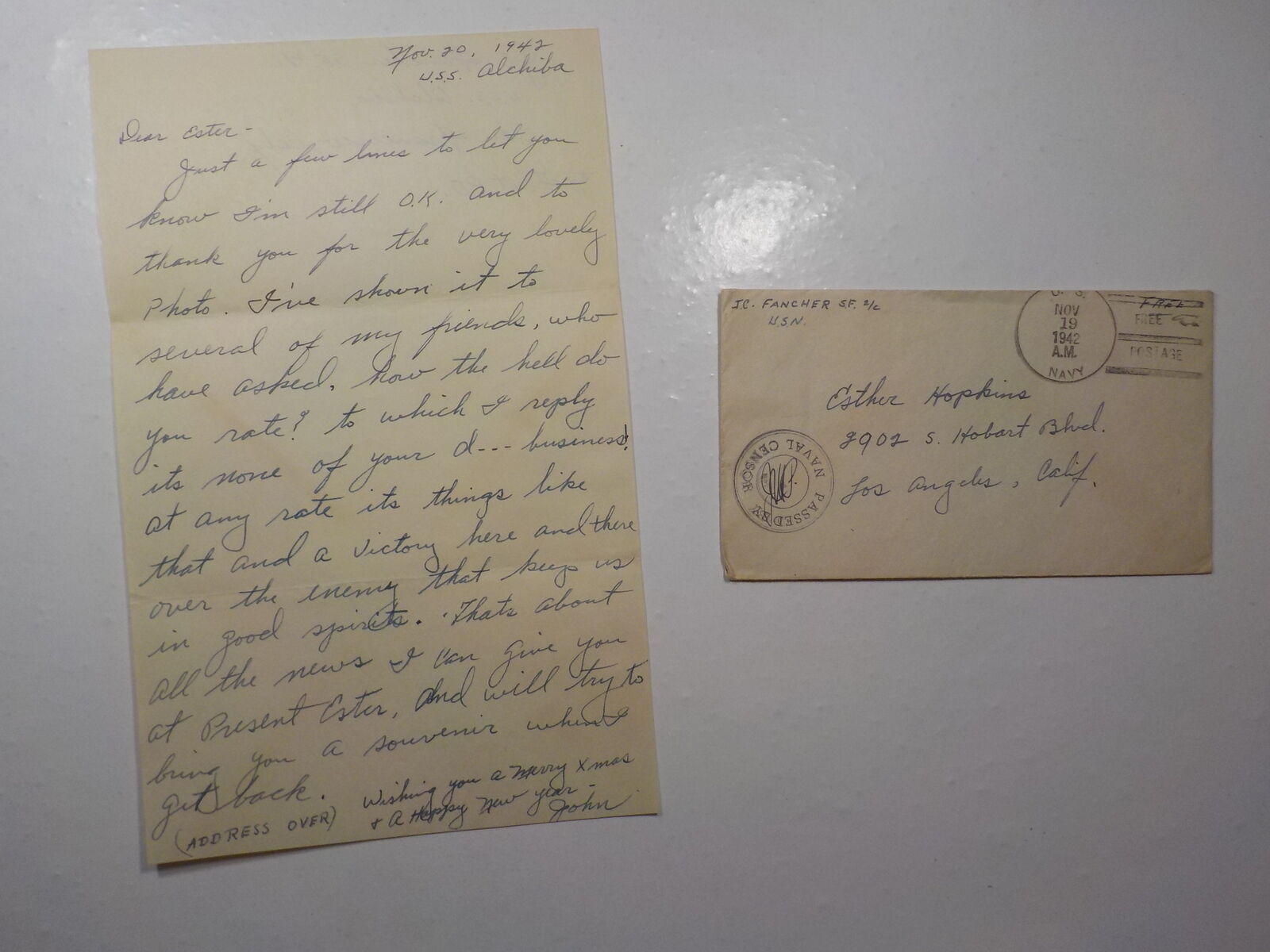 Wwii Letter 1942 U.s.s. Alchiba Navy Ship Los Angeles California Naval Paper Ww2