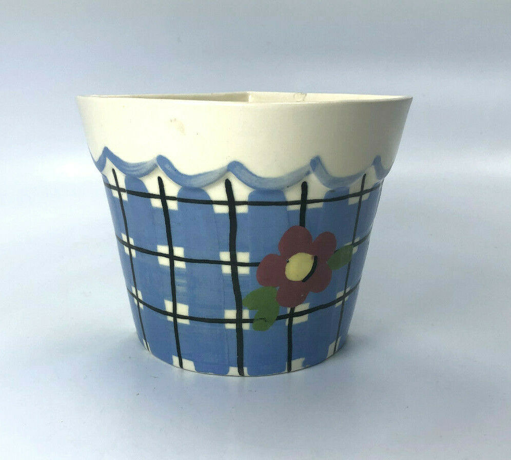 Vintage Cleminsons Blue Checkered Flower Pot Corner Wall Pocket
